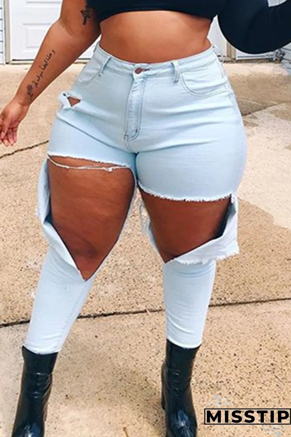 Light Blue Fashion Sexy Solid Plus Size Jeans