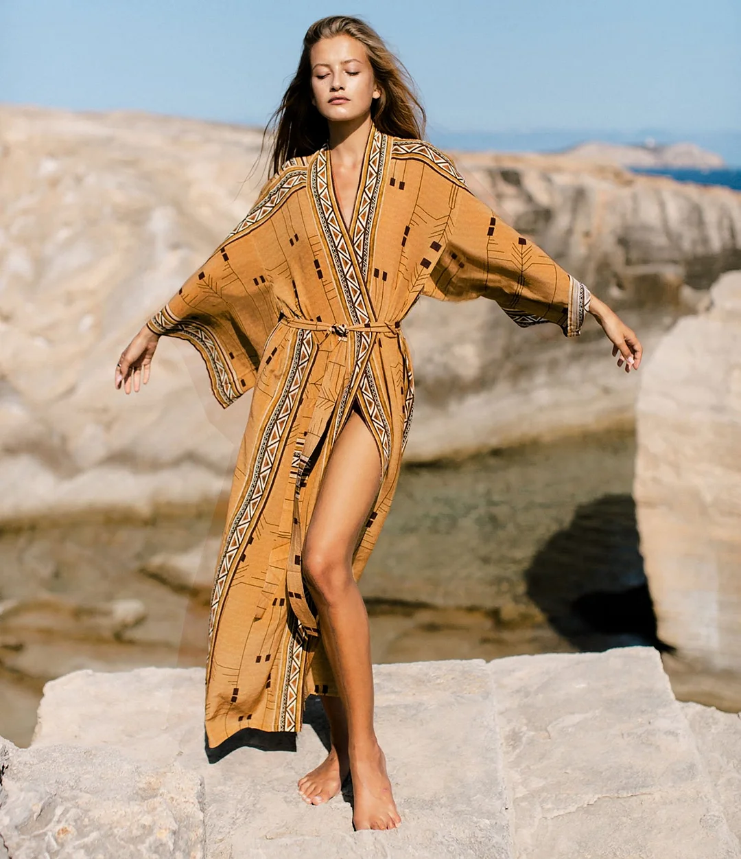 Fitshinling Vintage Geometric Beach Kimono Bohemian Oversized Cardigan With Belt Holiday Slim Ethnic Tribe Swimsuits Cover Up