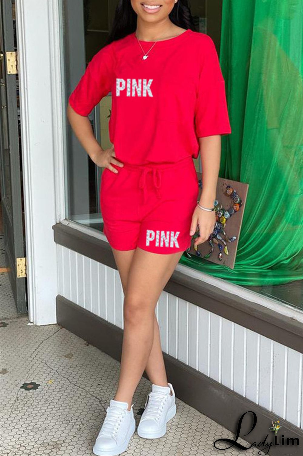 Black Fashion Casual Letter Print Patchwork O Neck Short Sleeve Two Pieces