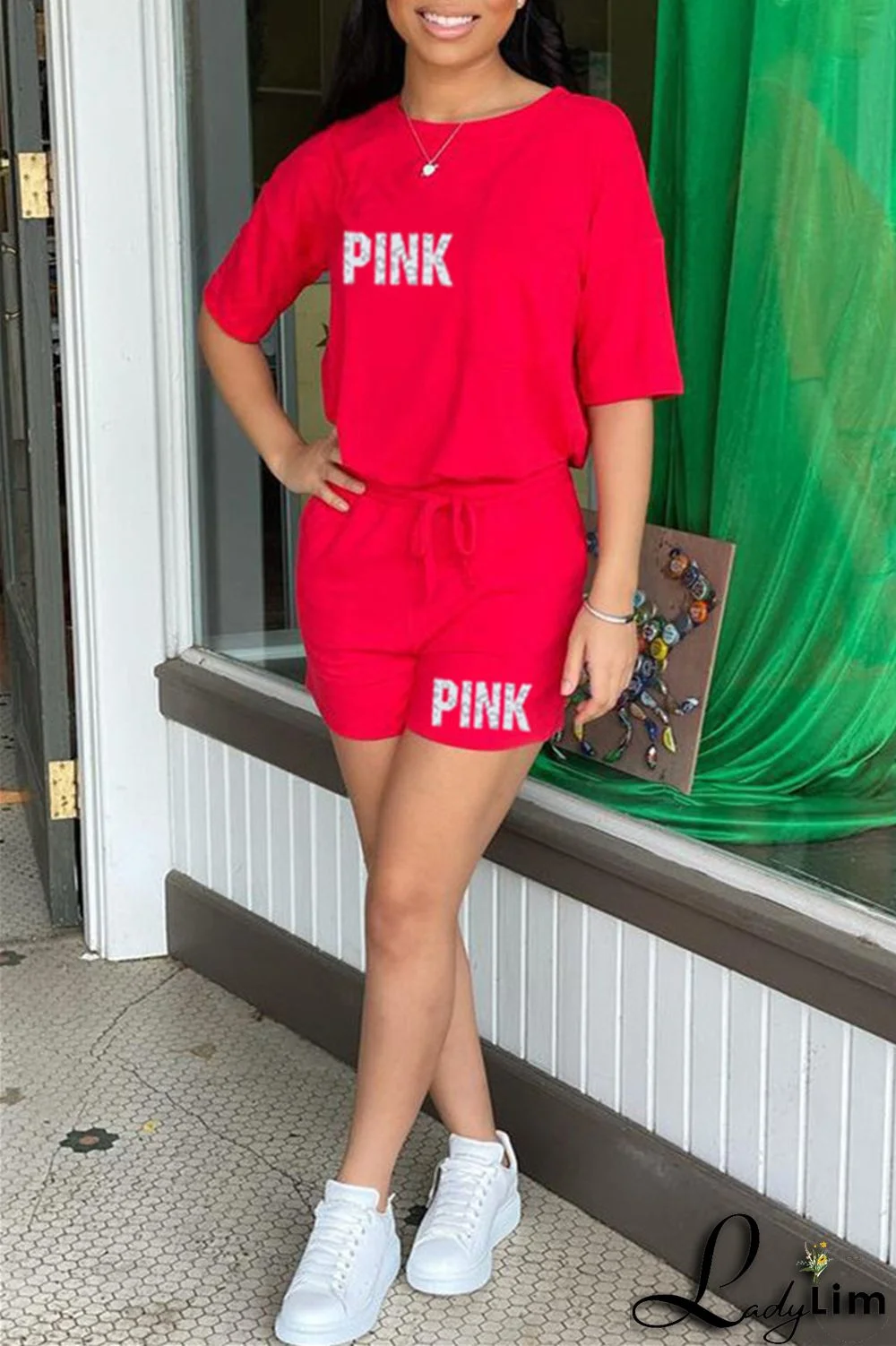 Black Fashion Casual Letter Print Patchwork O Neck Short Sleeve Two Pieces