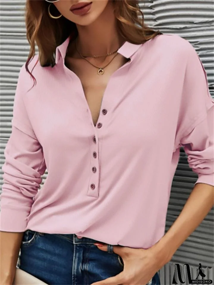 MidiSono - Women's Spring V Neck Button Design Pullover Slim Fit Blouses