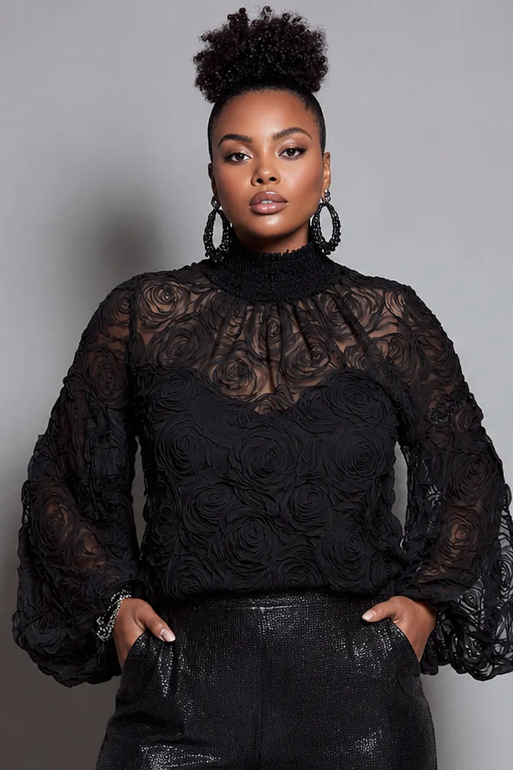 Xpluswear Design Plus Size Business Casual Black Mock Neck Lantern Sleeve Long Sleeve See Through Chiffon Blouses [Pre-Order] 2024 - Xpluswear