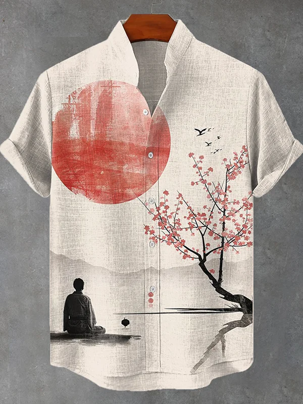 Men's Chinese Zen Ink Painting Printed Casual Shirt