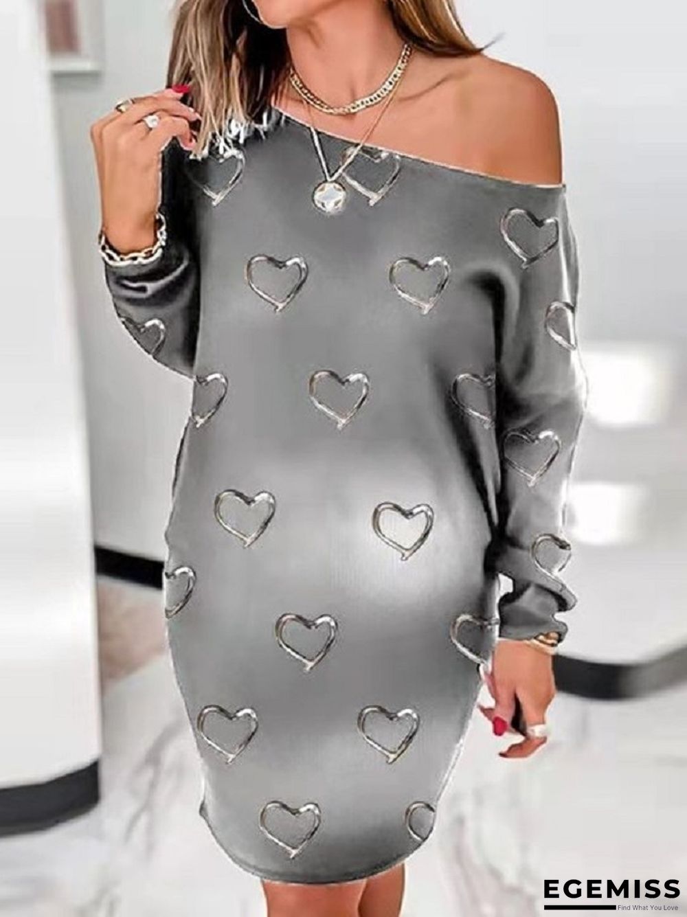 3D Printed Round Neck Long Sleeve Loose Dress | EGEMISS