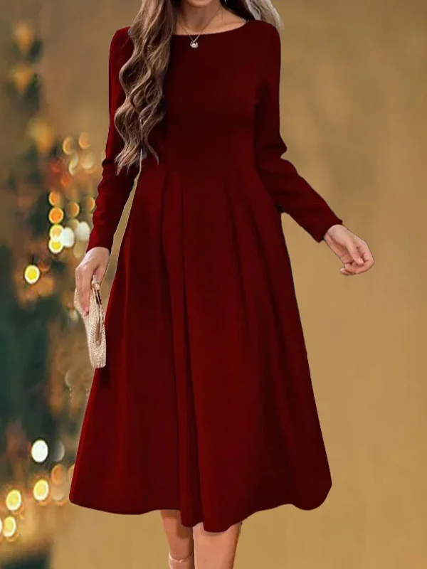 Women Simple Red Long Sleeve Formal Fitted Evening Occassion Long Dress