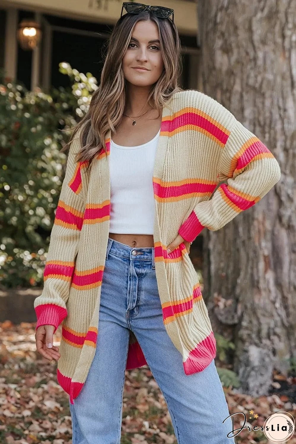 Stripe Printed Ribbed Long Knitted Cardigan