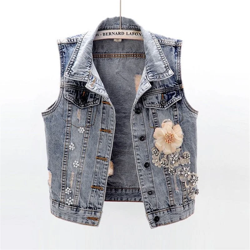 Spring Autumn Women Denim Vest Coat New Diamond Flowers Waistcoat Sleeveless Vintage Short Jacket Jeans Vest Casual Female Tops