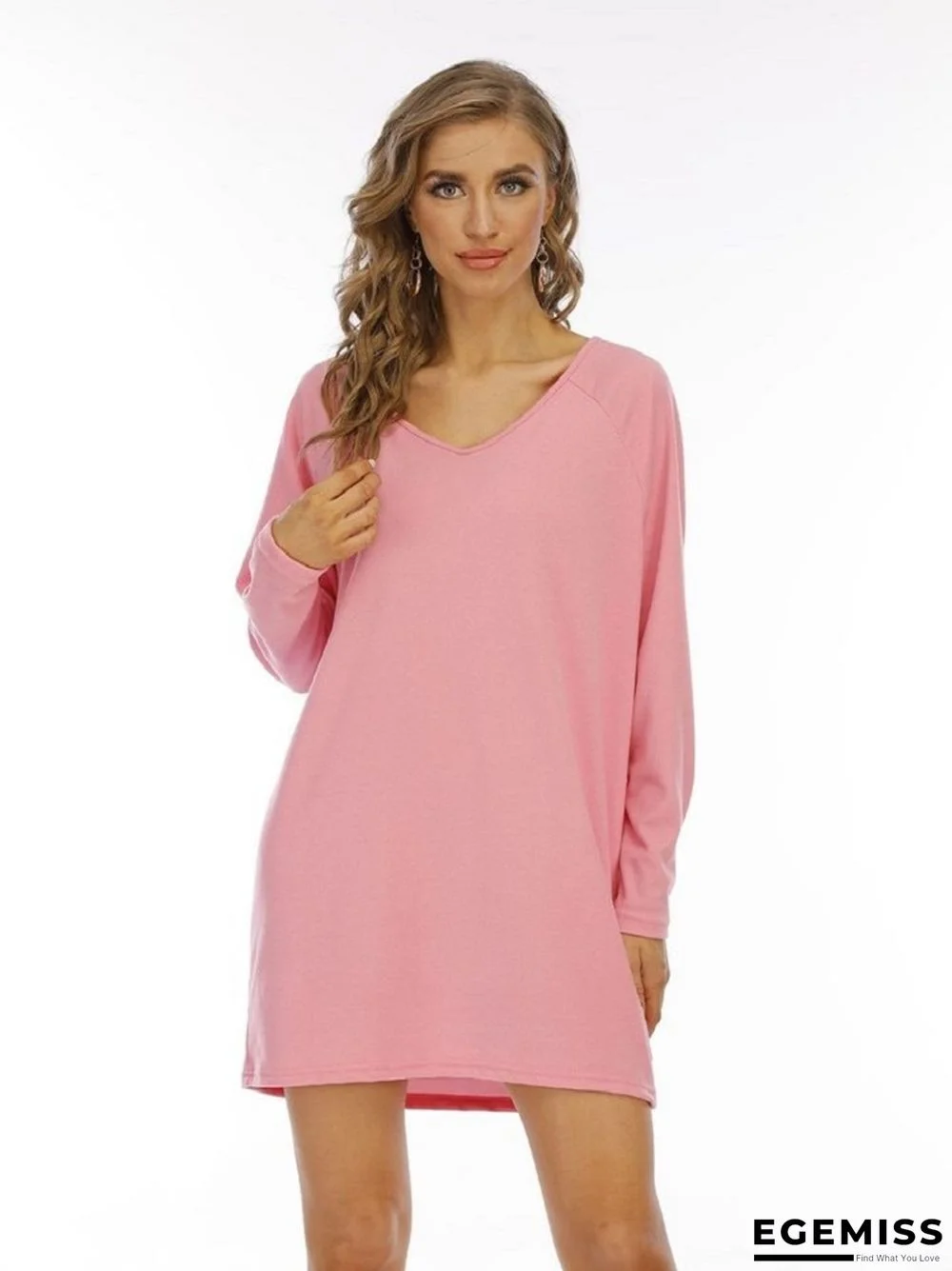 Solid Color Long Sleeve V-neck Dress | EGEMISS