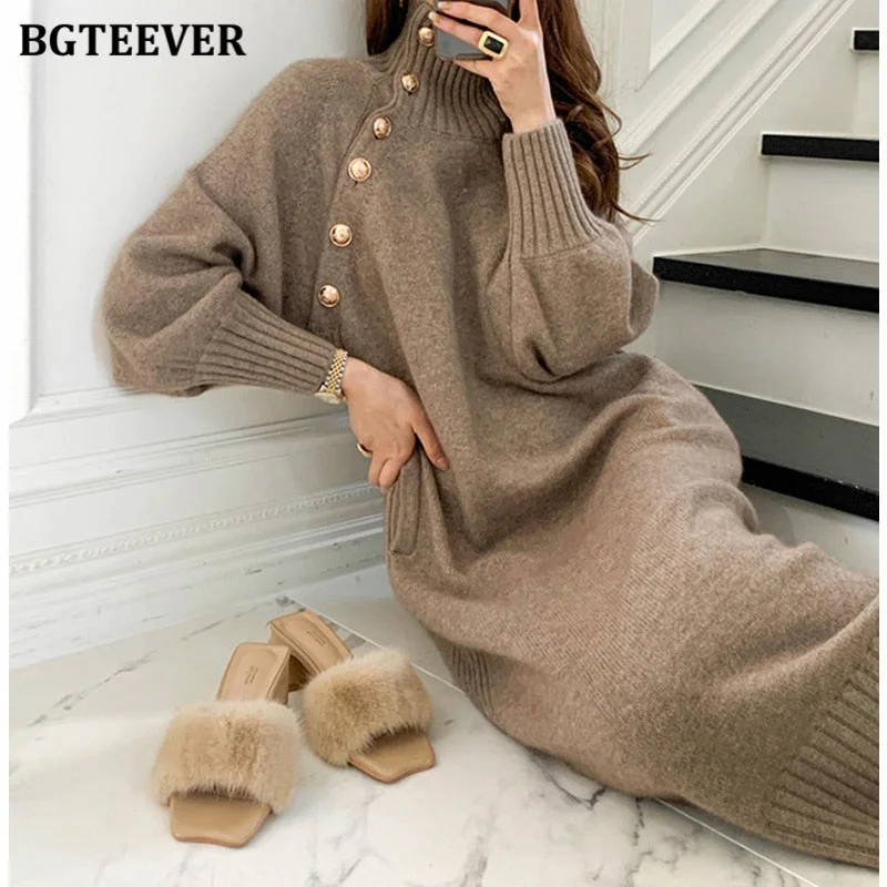 BGTEEVER 2020 Winter Turtleneck Buttons Women Knitted Mid-length Dress Elegant Lace-up Loose Female Sweater Dress Long Vestidos