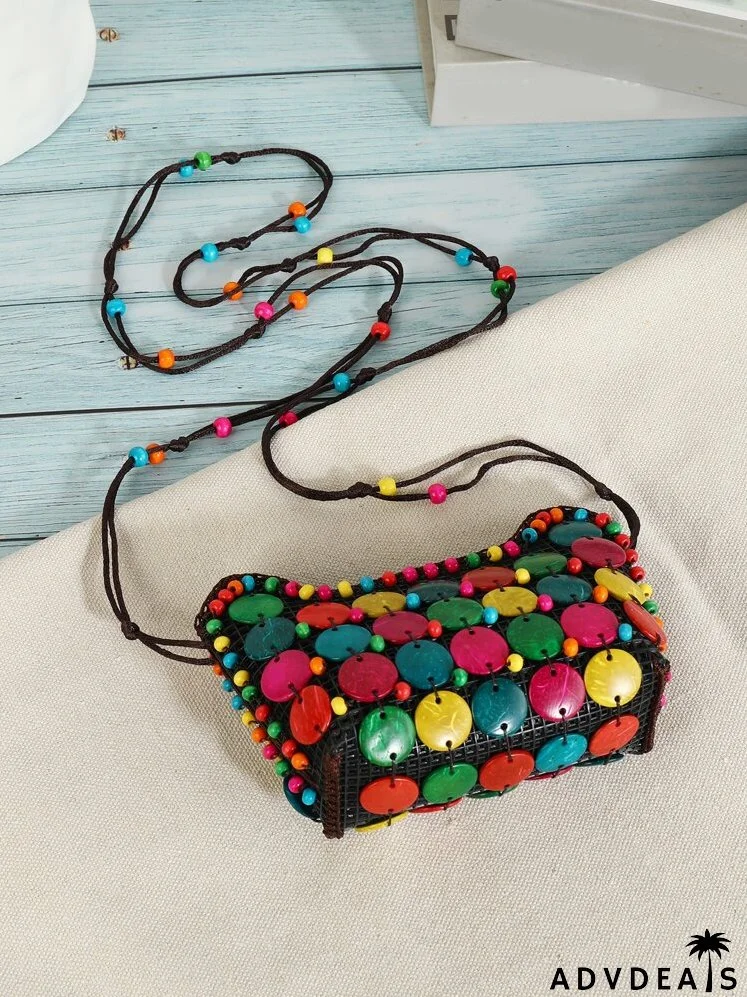 Beaded Detail Coconut Shell Colorblock Square Bag