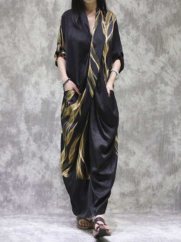 Vintage Silk Asymmetric Split-Back Half Sleeves Maxi Dress