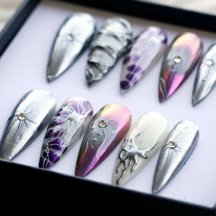 Silver Bloom Press On Nails