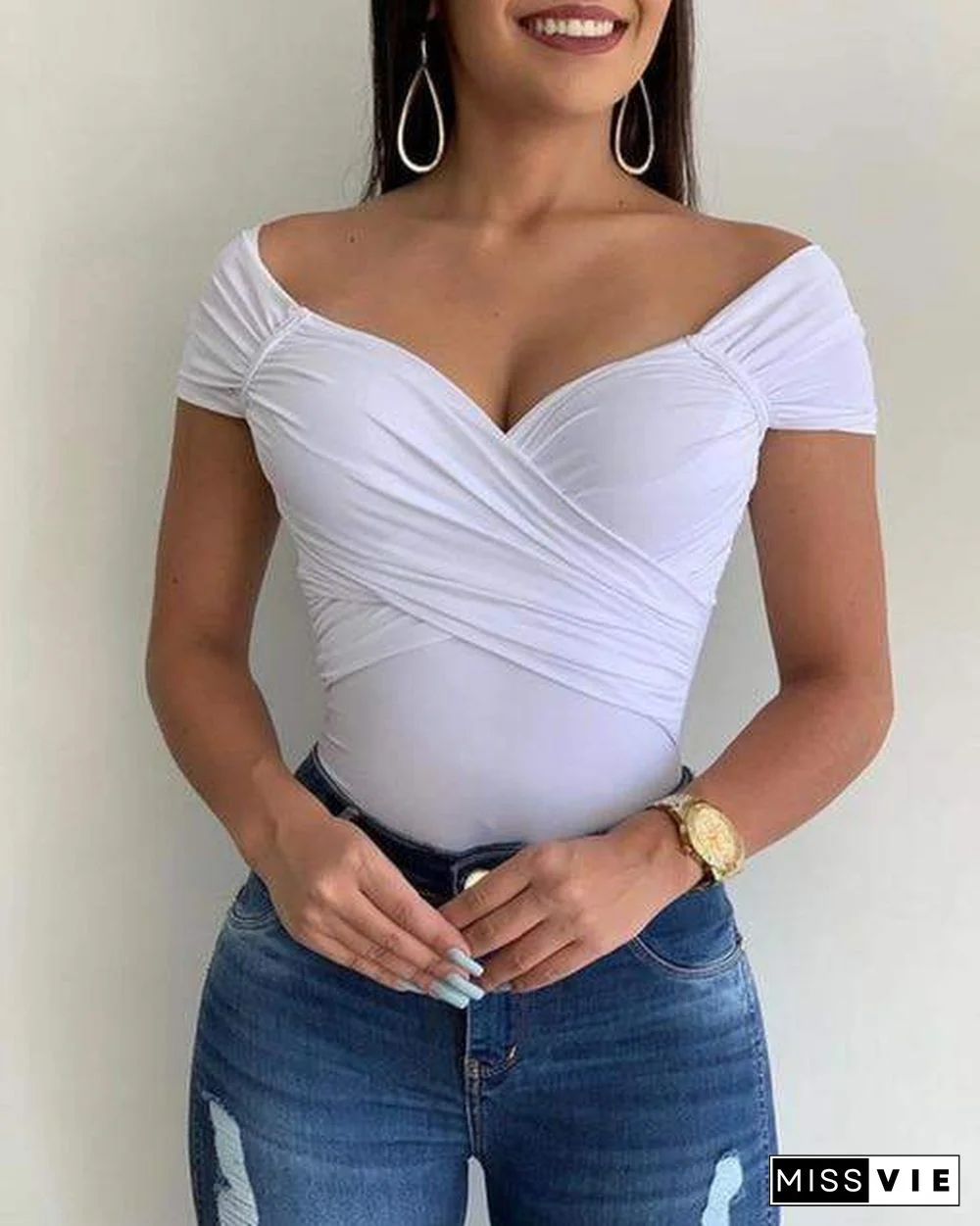 Blouse Women V Neck Shrot Sleeve Shirts Summer Elegant Office Ladies Slim Fit Off Shoulder Solid Color Womens Sexy Tops