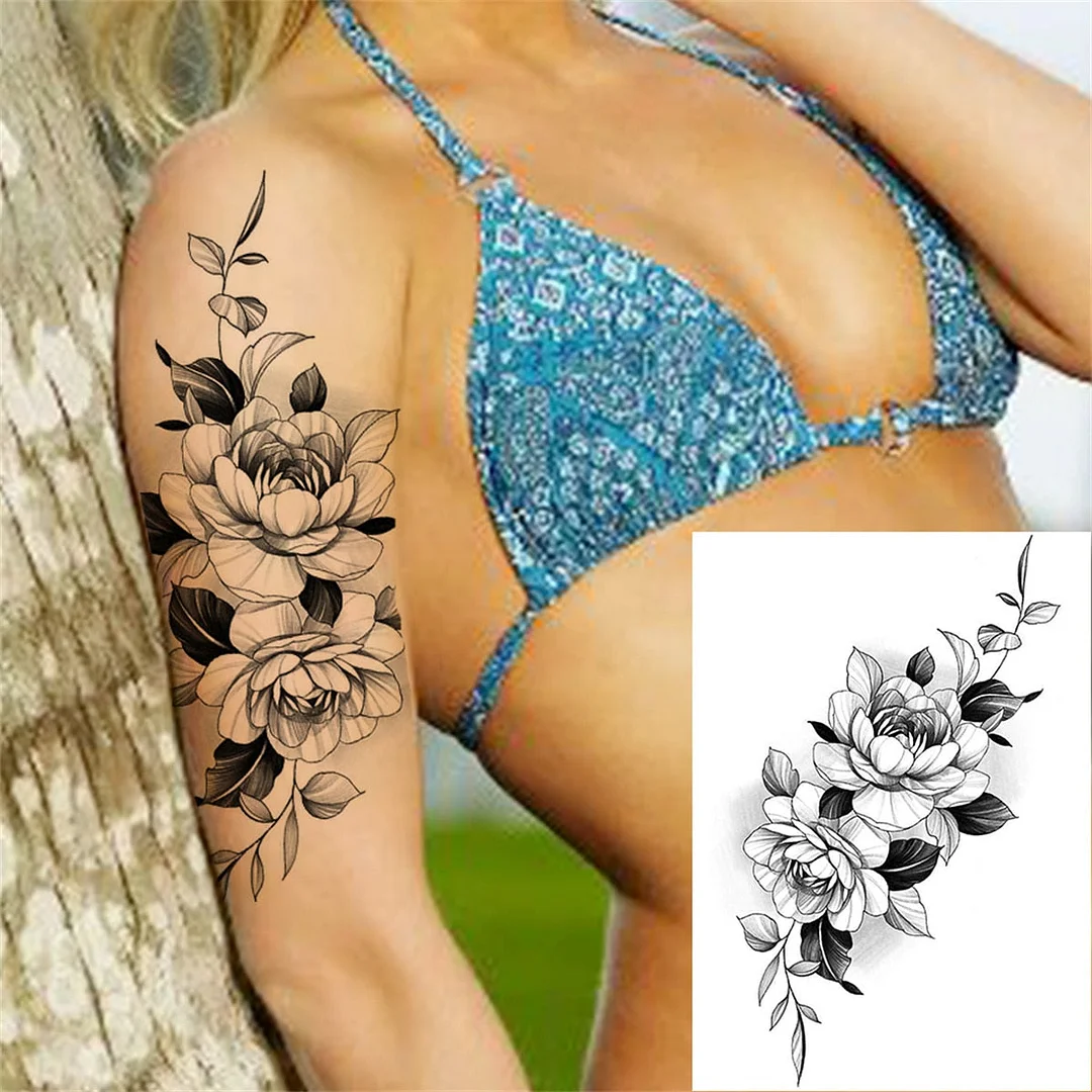 Large 3D Rose Flower Temporary Tattoos For Women Men Adults Death Skull Tattoo Sticker Peony Dahlia Black Fake Tatoos Forearm