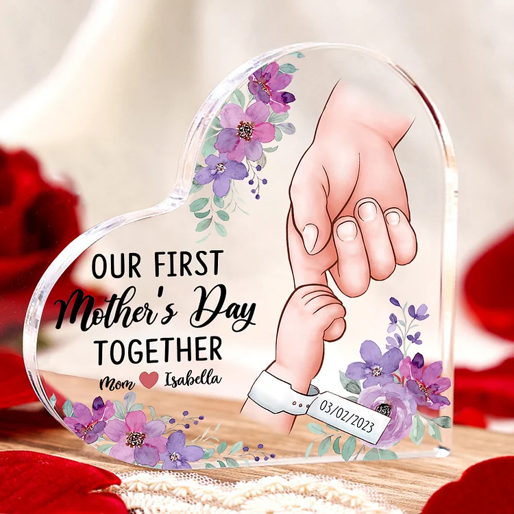 Our First Mother's Day Together - Personalized Date Acrylic Heart Keepsake Holding Hands Custom 2 Names Ornaments