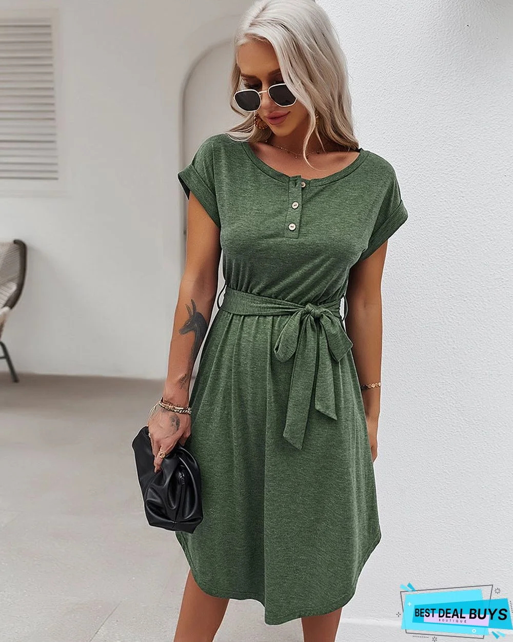 Net Color Dress Spring and Summer Short Sleeve Knitted Skirt Leisure Holiday Style