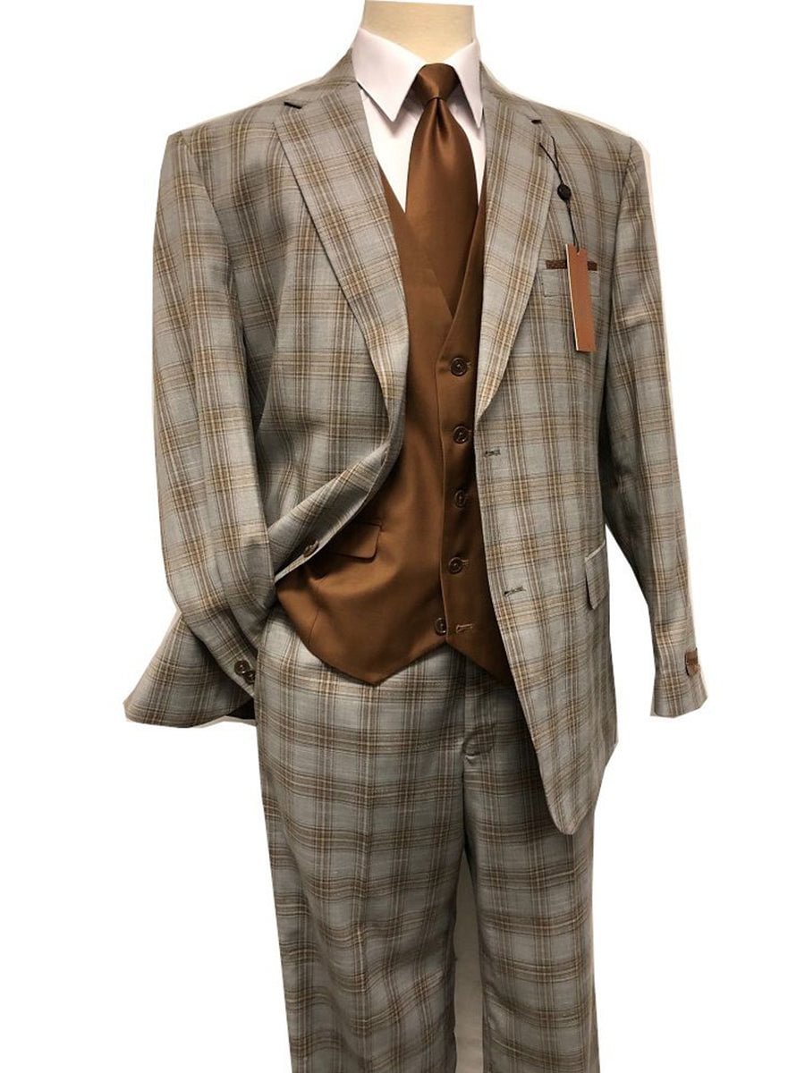Men's Fashion Casual Brown Plaid Suit Jacket Two-Piece Pants Pack