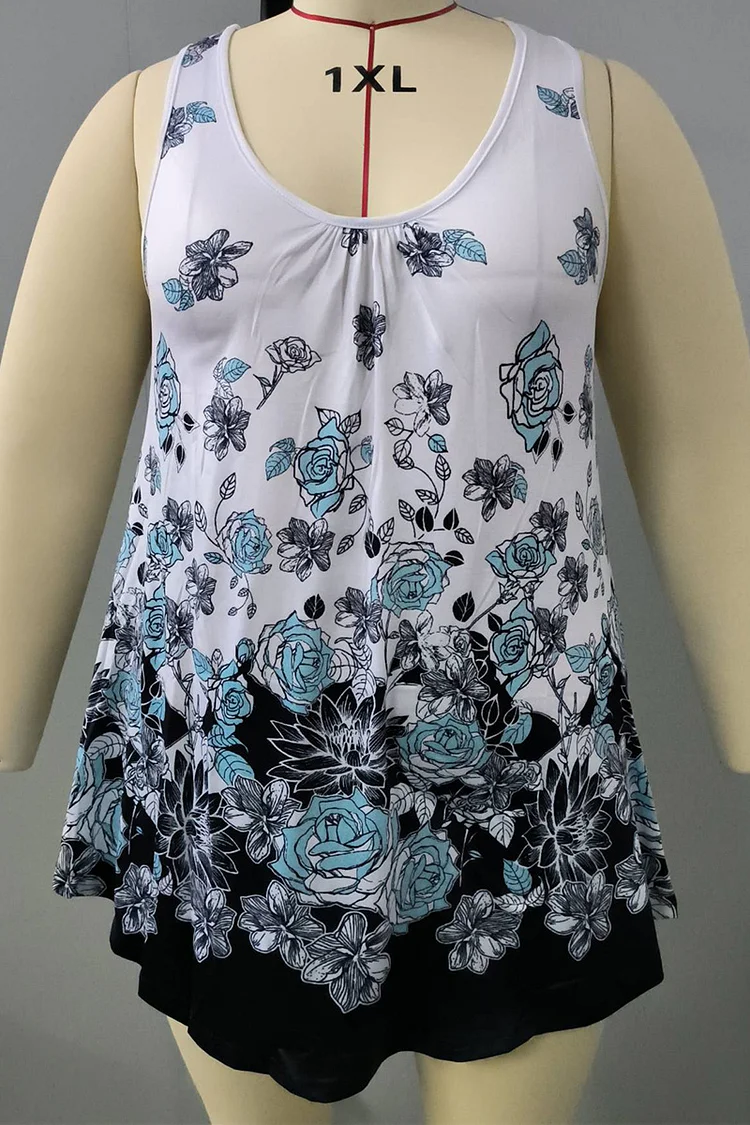 Plus Size Floral Print Round Neck Casual Loose Tank Top  Flycurvy [product_label]