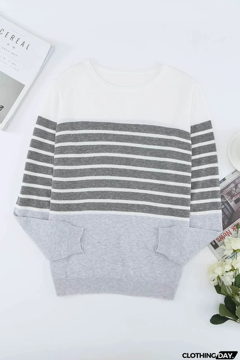 Gray Striped Colorblock Sweater