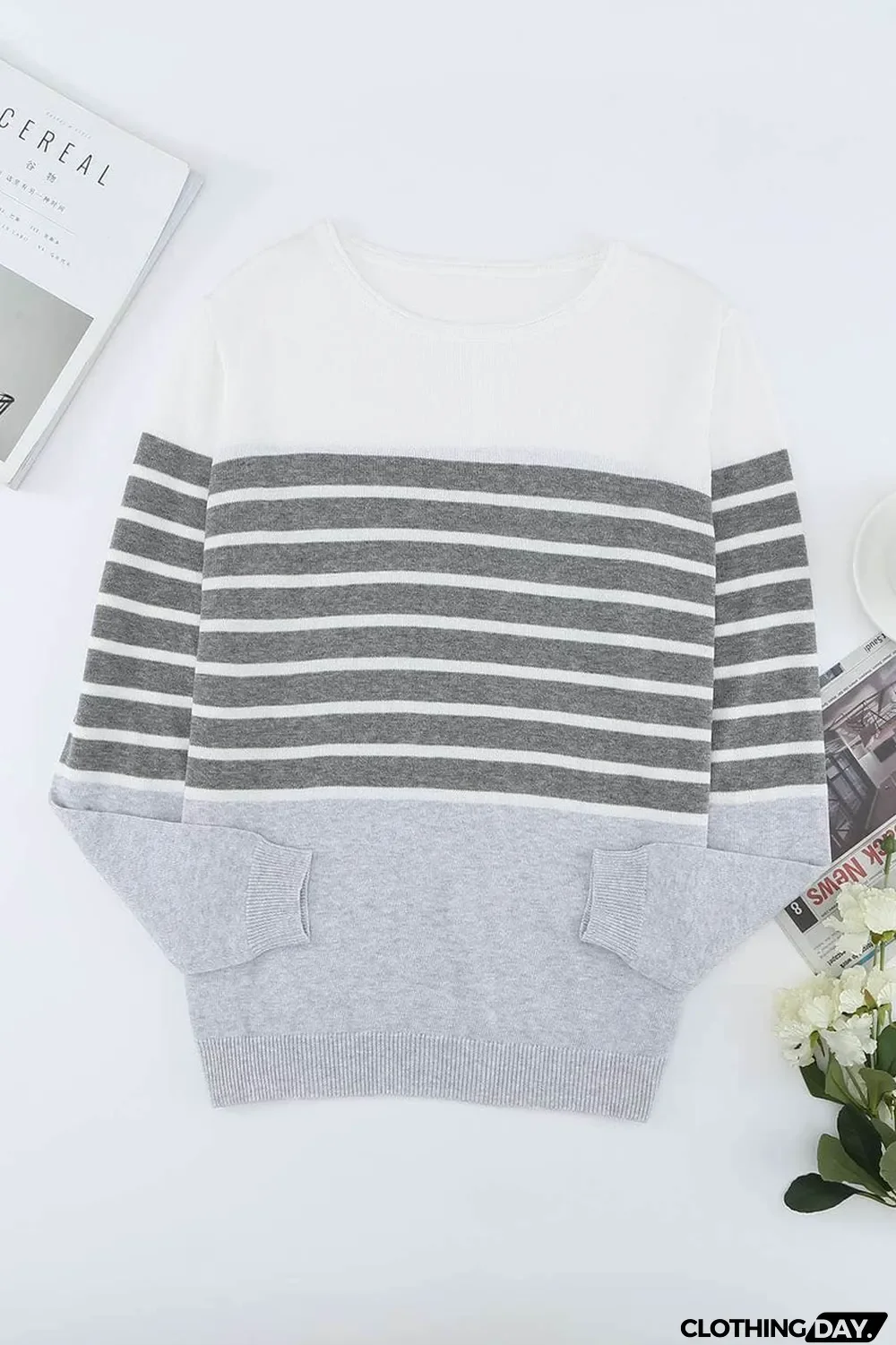 Gray Striped Colorblock Sweater