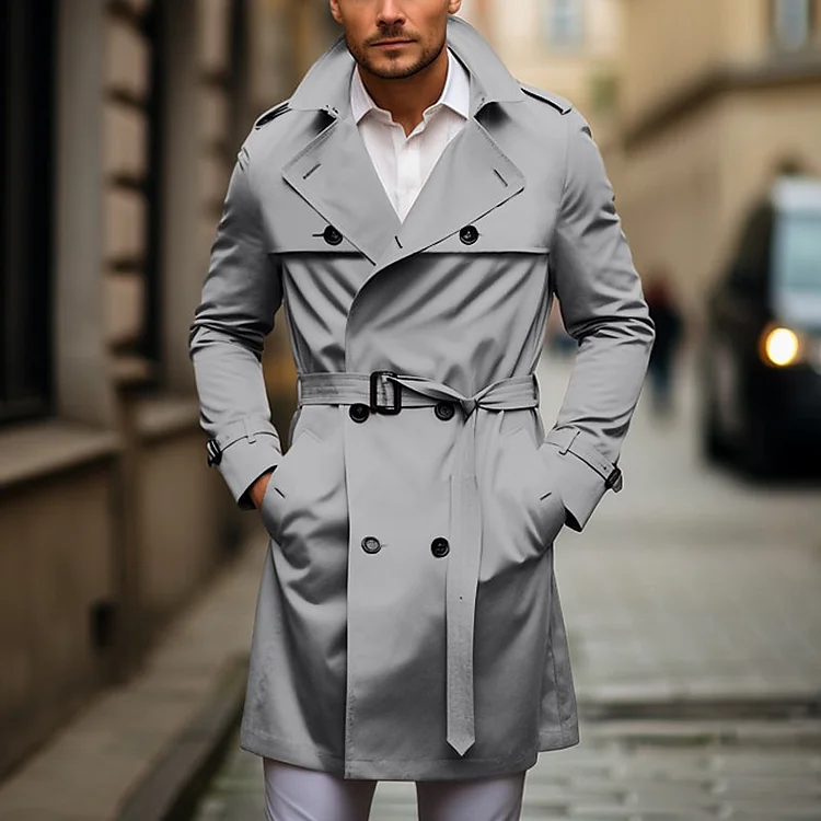 Men's Casual Solid Notch Lapel Double-Breasted Pocket Long Sleeve Belt Trench Coat