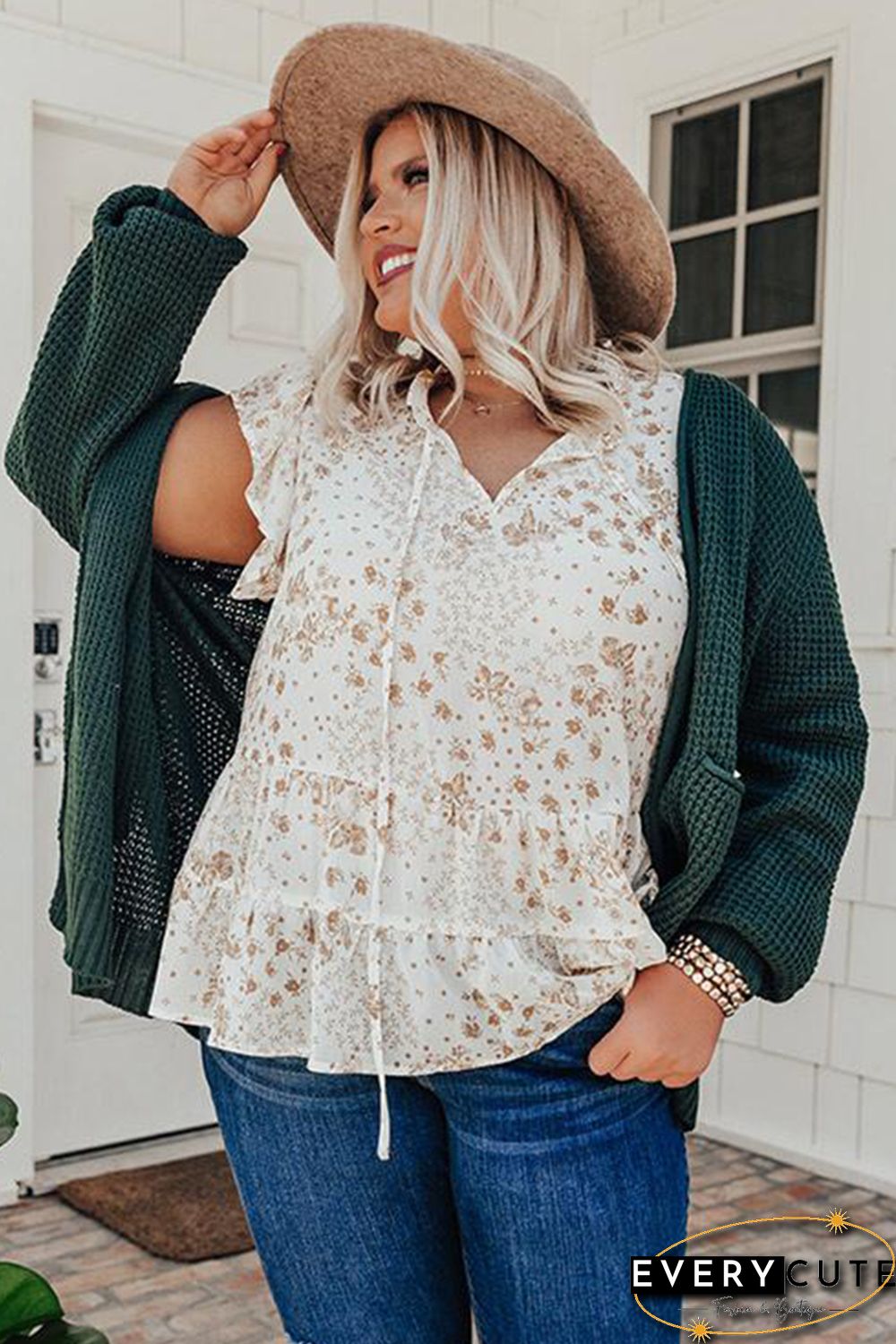 Ruffled Floral Print Plus Size Top