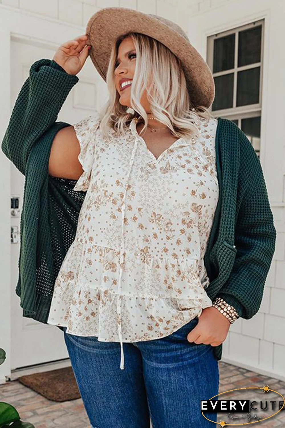 Ruffled Floral Print Plus Size Top