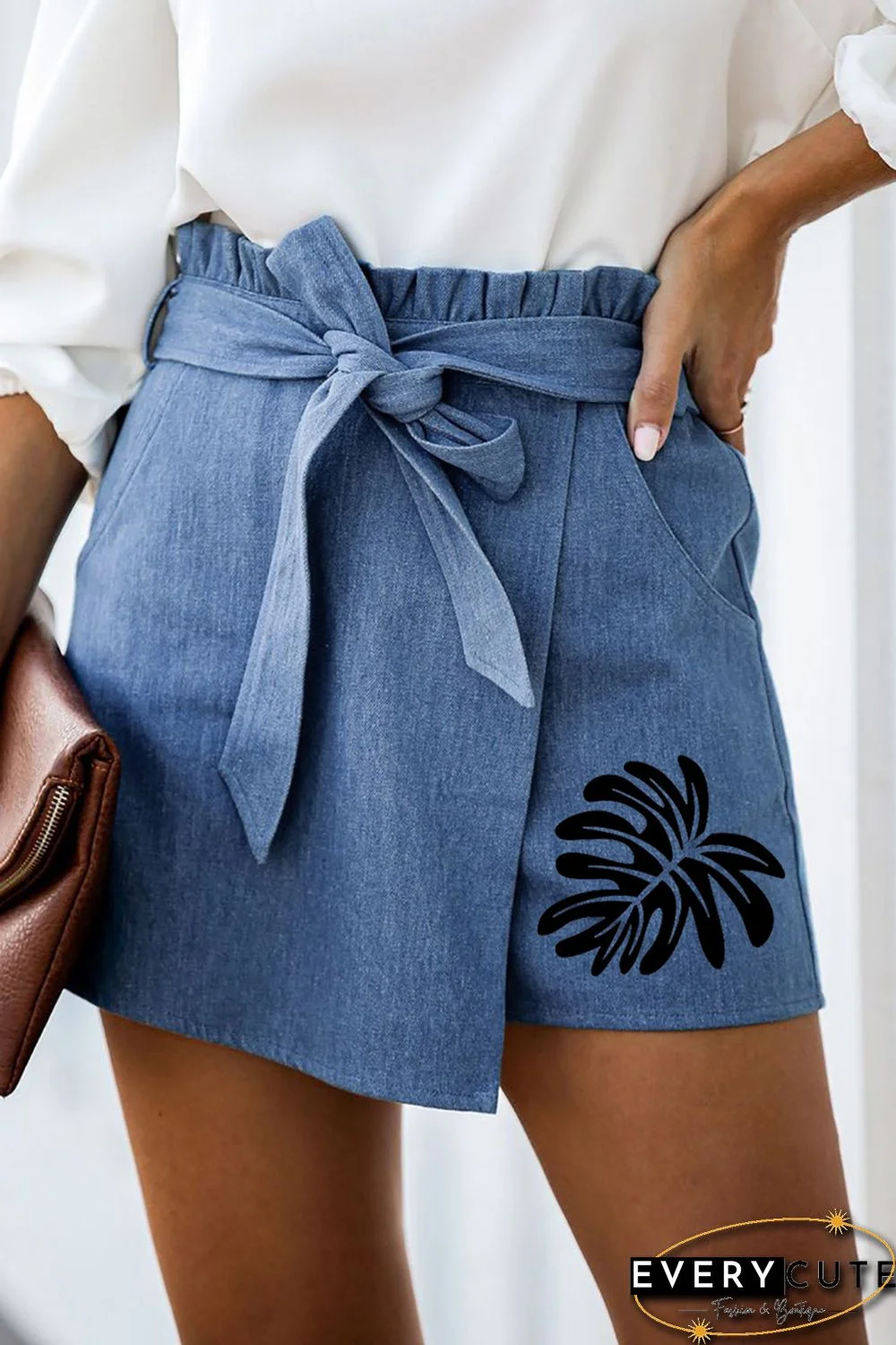 Sky Blue Palm Leaves Print Belted Paperbag Waist Denim Shorts
