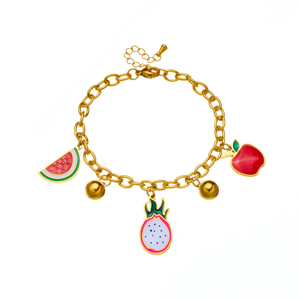 Cute Cartoon Fruit Oil Drop Accessories Dragon Fruit Watermelon Apple Pendant Chain Stainless Steel Bracelet Crystal