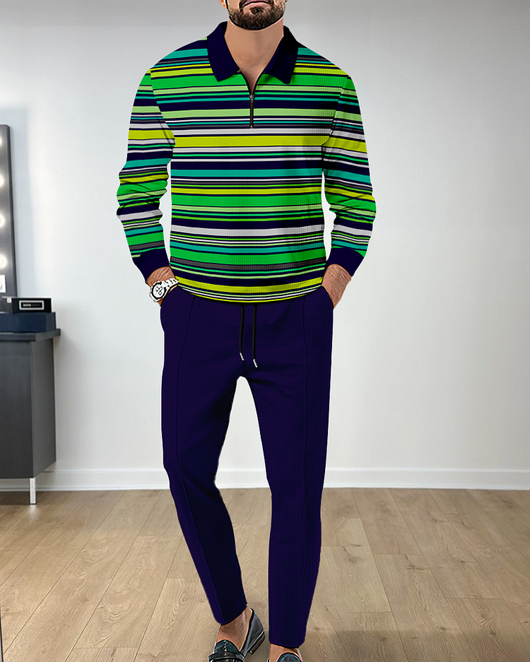 Men's Casual Colorblock Personalized Long Sleeve Polo Shirt Set 133