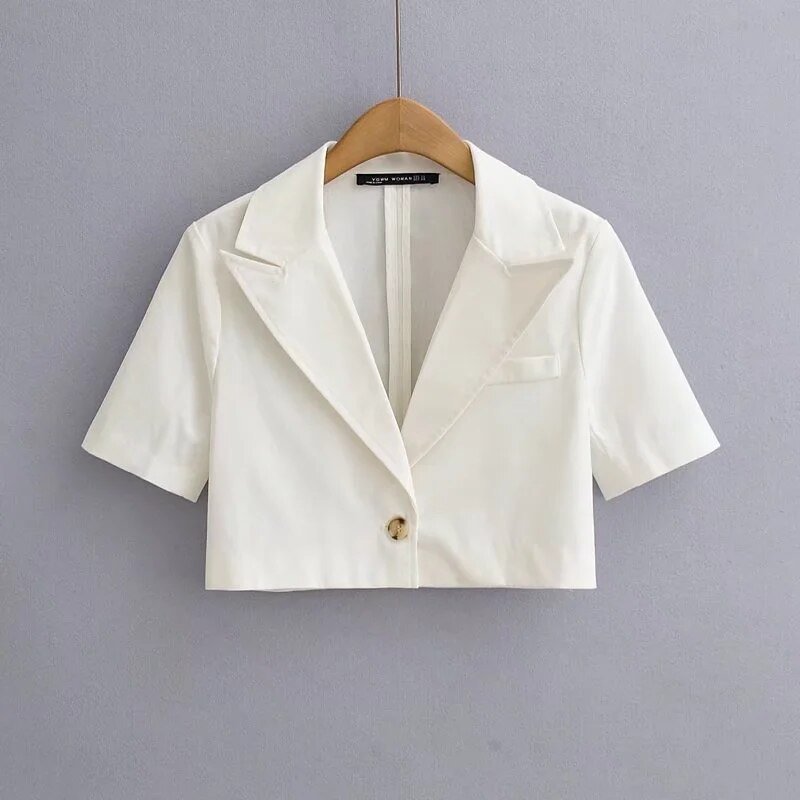 Applyw 2022 women fashion linen short suit jacket woman retro short sleeve single button pocket dress female chic blazer