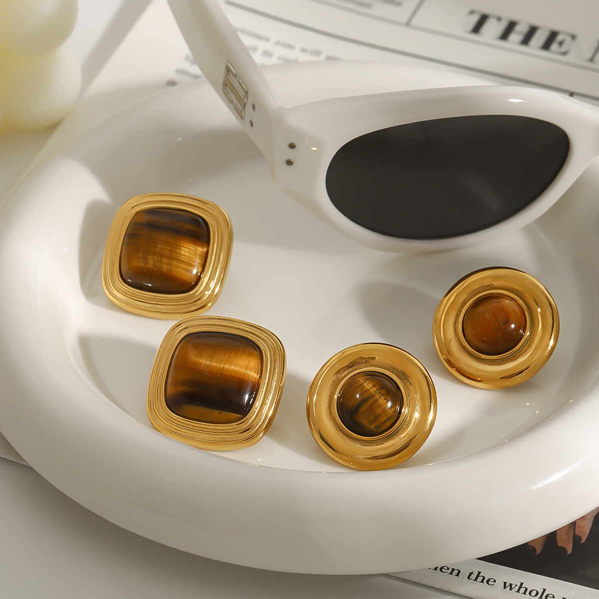 Jie Ding Titanium Steel Earrings Earrings Tiger Eye Stone Earrings Autumn And Winter Earrings