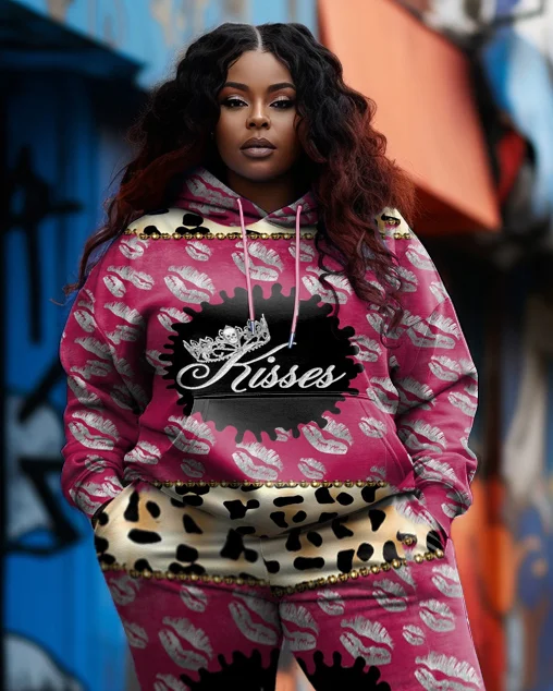 Women's Plus Size Lip Leopard Color Block Hoodie Set