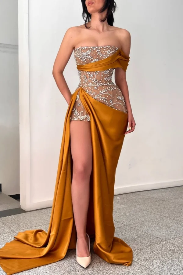 Dazzling Off-The-Shoulder Sleeveless Beadings Split Prom Dress YK0033