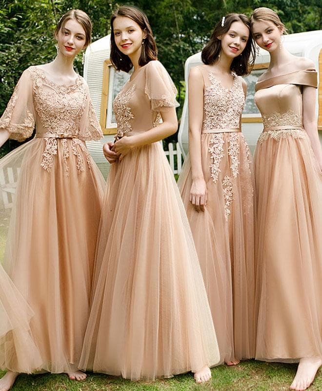 Champagne Tulle Lace Long Prom Dress Champagne Bridesmaid Dress