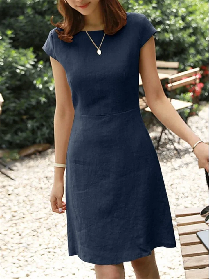 Summer Comfortable Casual Female Cotton and Linen Solid Color Back Big V Hollow-out Round Neck Dress, Navy Blue, Orange Red, Army Green, Matcha Color