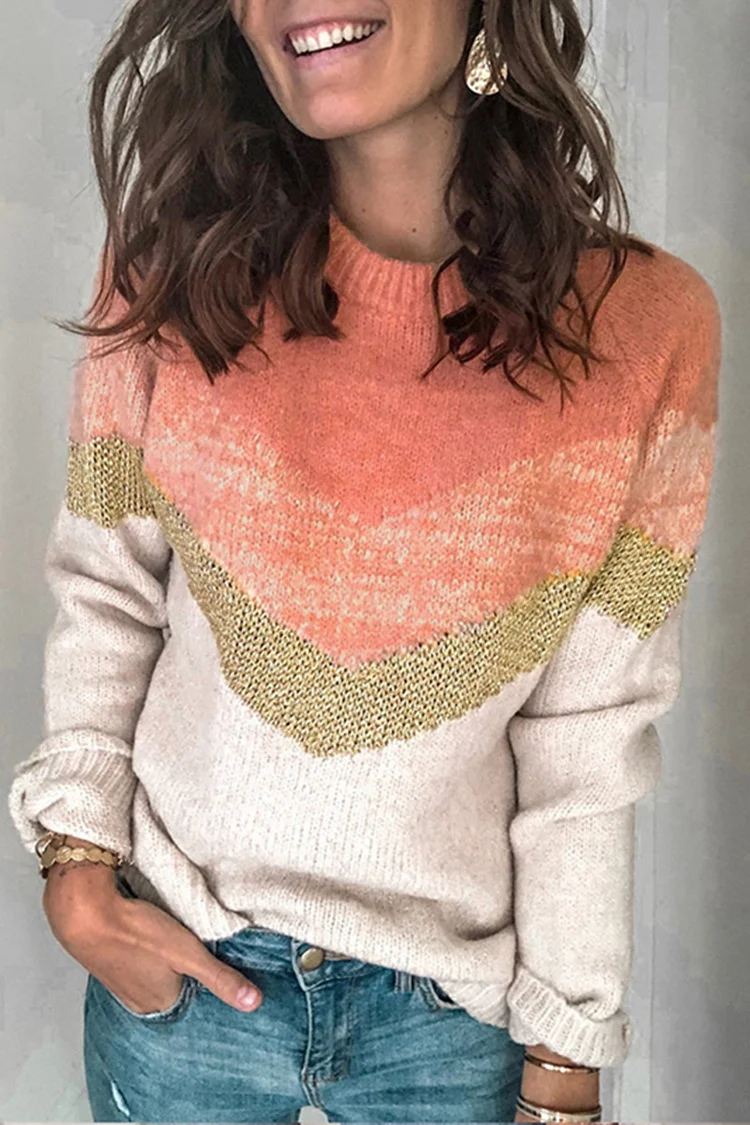 Contrast Panel Pullover Crewneck Raglan Sleeve Sweater