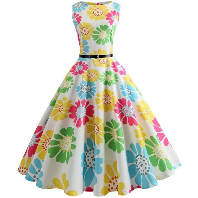 Floral Print Vintage Dress Women  Summer Pin Up Elegant Party Rockbility Robe  A-Line Office Sundress Vestidos