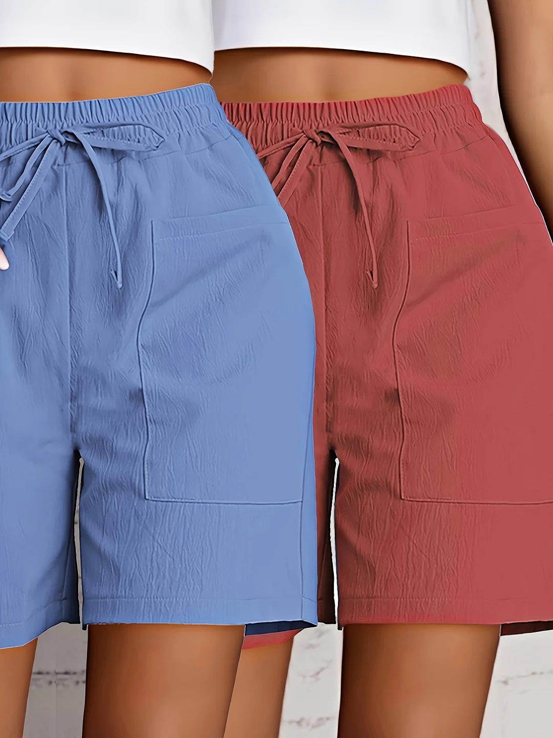 2pcs Lightweight Polyester Women's Breathable Cargo Shorts | Two Large Size, Two Pockets With Drawstring Detail, Casual Solid Color For All Season | IFYHOME