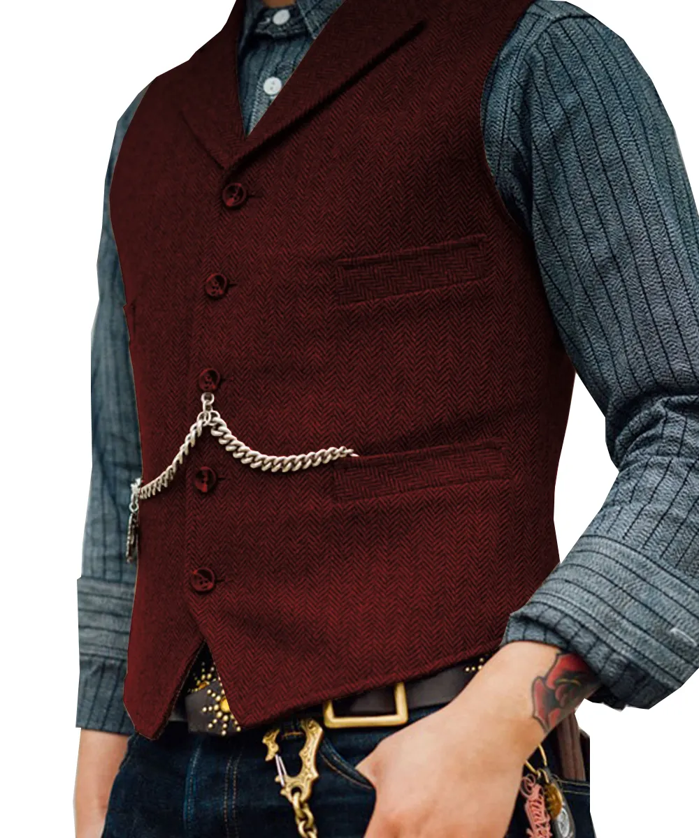 Men's Lapel V Neck Wool Herringbone Casual Waistcoat Formal Groomsman Business Suit Vest For Wedding
