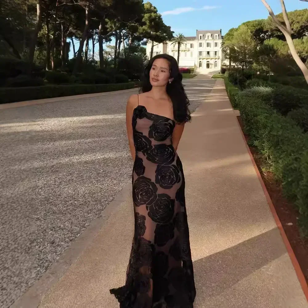 Women One Shoulder Elegant Sexy Mesh Bodycon Flower Wedding Guest Party Maxi Dresses