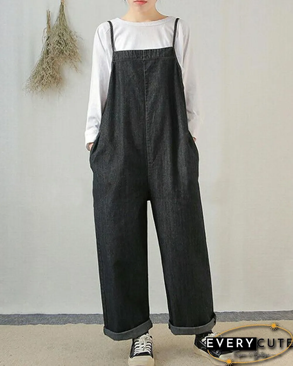 Women Sleeveless Wide Leg Cargo Pants Plain Casual Overalls Jumpsuit Romper