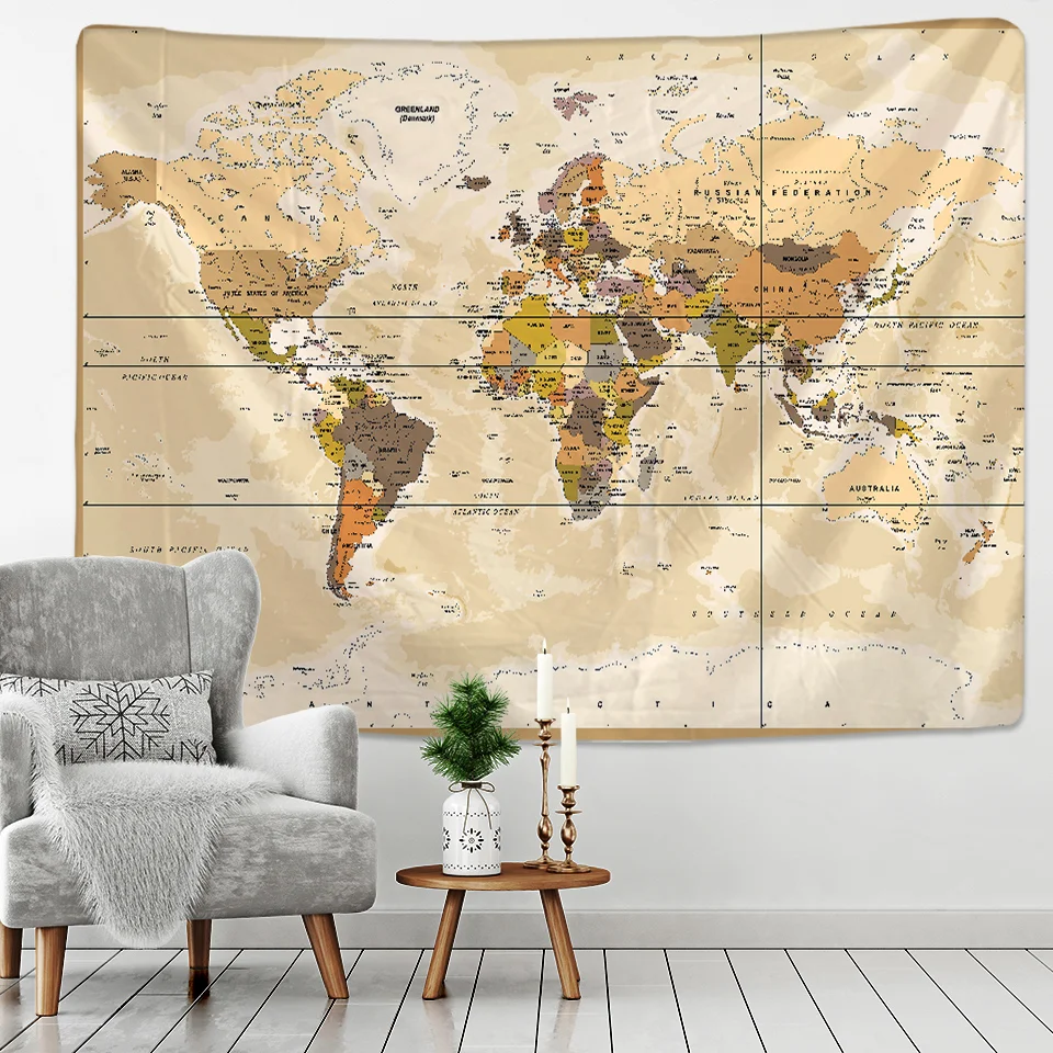 Nigikala World Map 3D Print Fabric Geometric Colorful Compass Wall Hanging Tapestry Retro Oil Painting Pirate Treasure Map