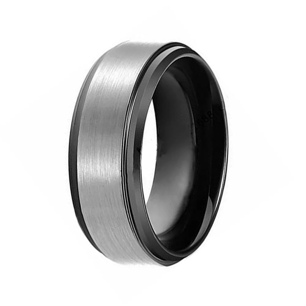 6MM 8MM Gray Matte Brushed Tungsten Carbide Black Step Edge Mens Wedding Bands