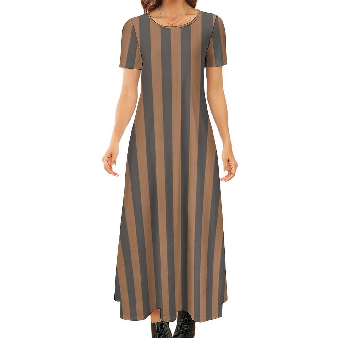Tan Black Regatta Stripe Pattern Cole & Son Short Sleeve Loose Plain Maxi Dresses Women Casual Bohemain Beach Long Dresses