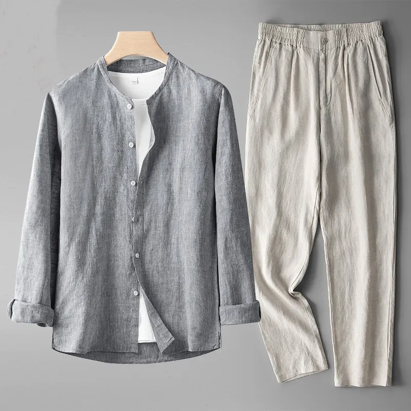 Gianni Men's Linen Co-ord Set &ndash; Band Collar Shirt & Trousers &ndash; Grey