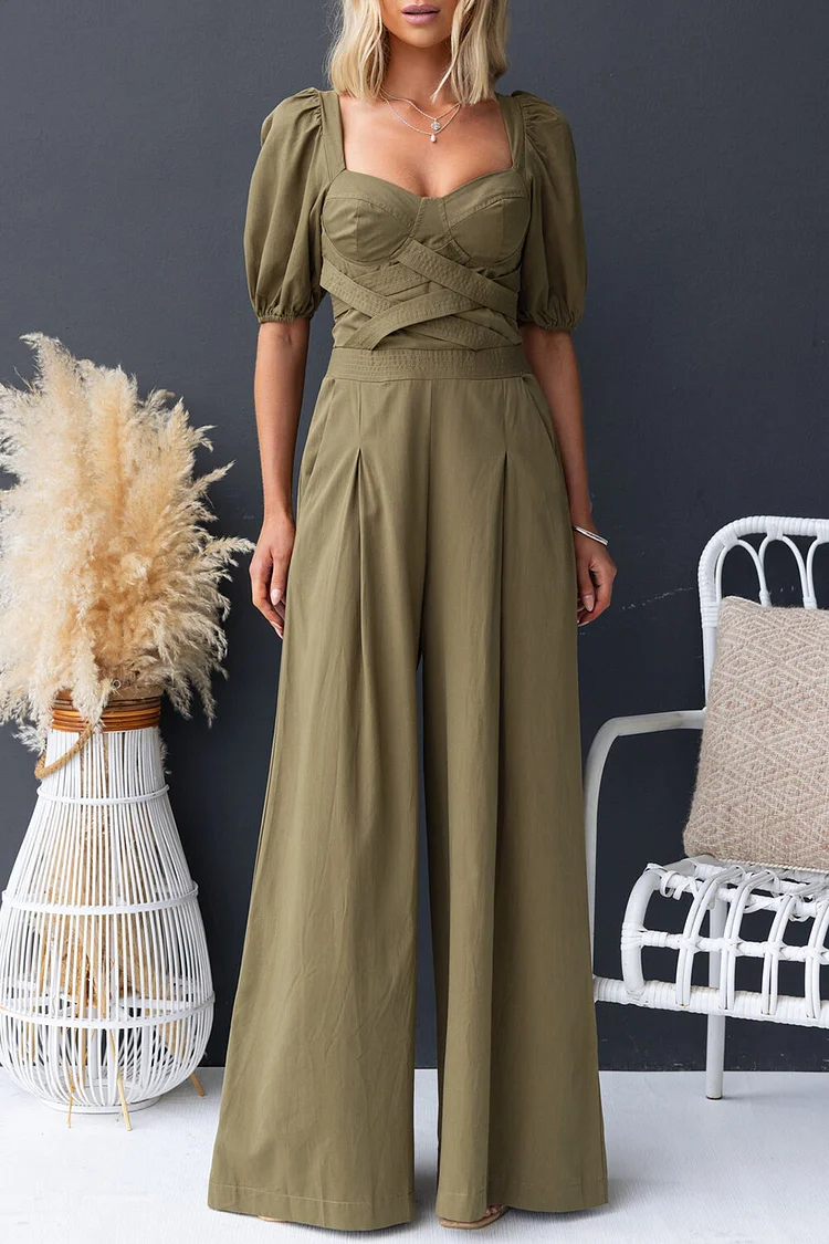 Short Sleeve Crossover Design Wide Leg Casual Jumpsuit-Green [Pre Order]