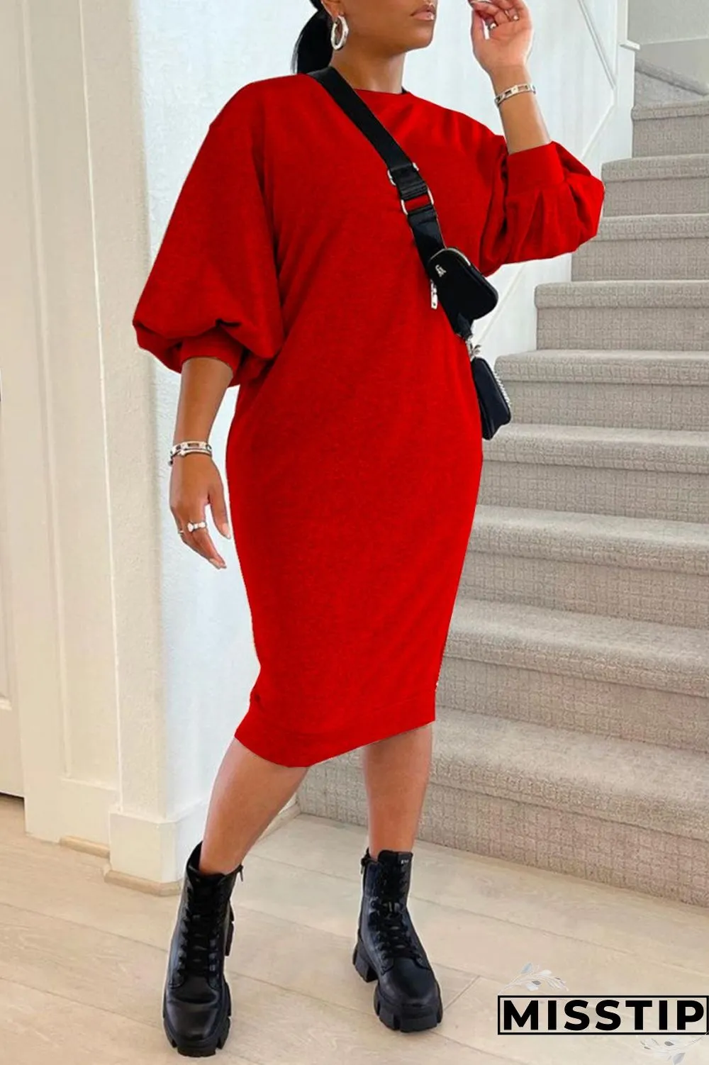 Brown Casual Solid Basic O Neck Long Sleeve Dresses