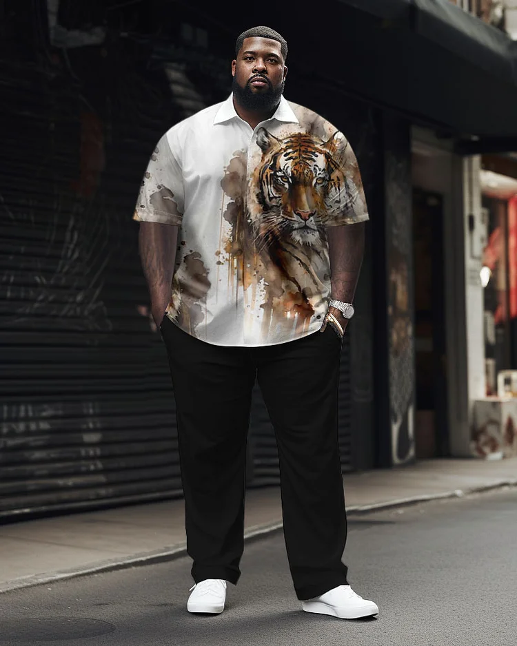 Men's Plus Size Ink Tiger Short Sleeve Shirt Set