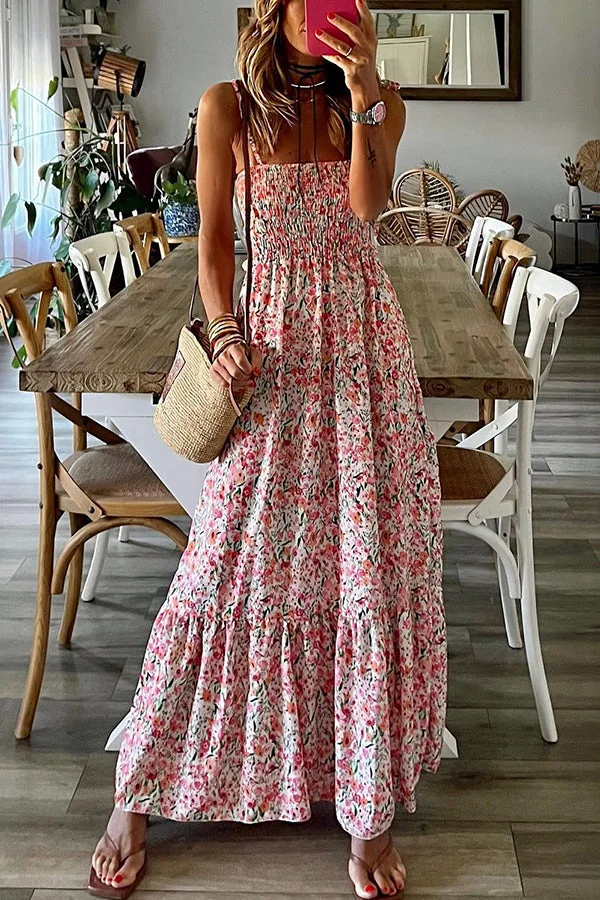 Better Off In Bali Floral Print Smocked Tie Shoulder Maxi Dress